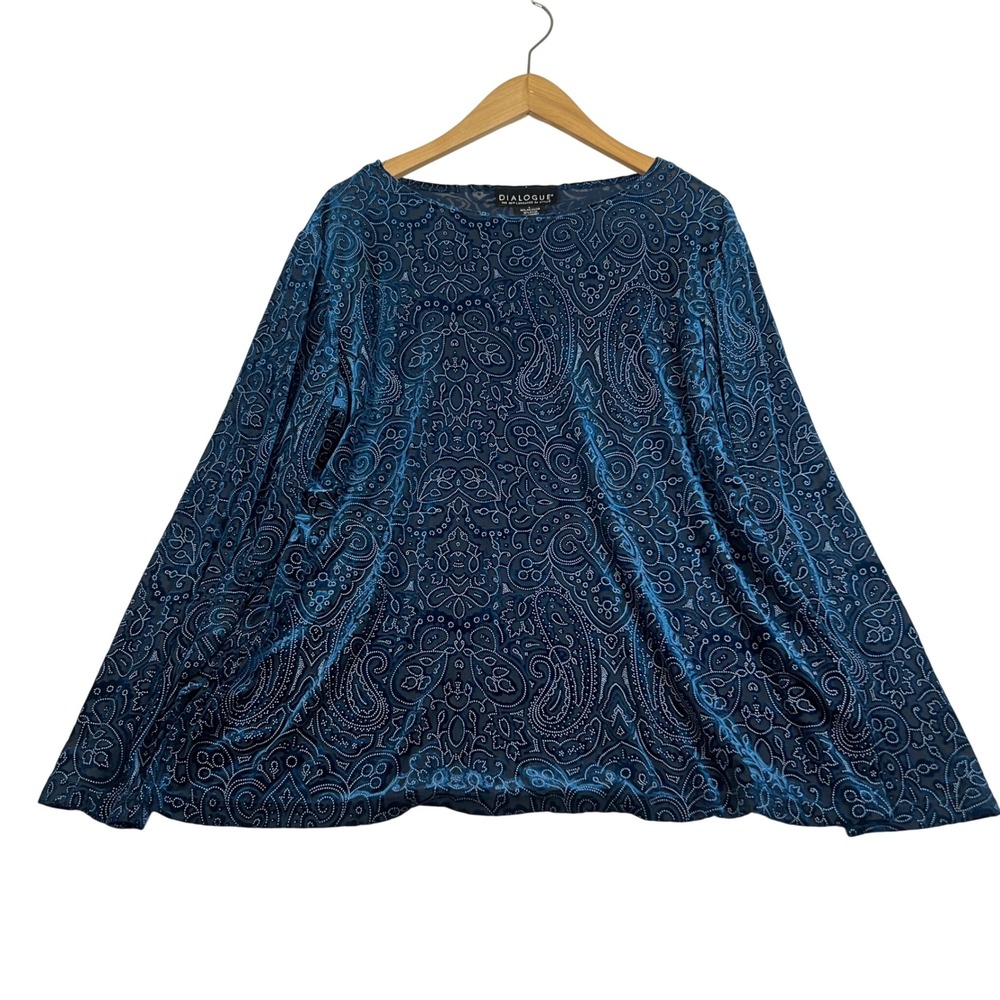 Dialogue Teal Blue Paisley Velvet Burnout Long Sleeve Top Made in USA Large